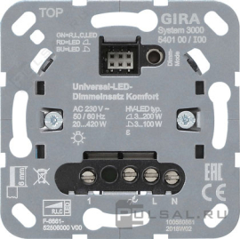 Механизм светорегулятора (диммера) 20-420 Вт/ВА, для LED 3-100 Вт
Studio,  Standard 55,  E2,  Event,  Esprit,  ClassiX,  ClassiX Art,  E22,  Edelstahl,  F100,  S-Color,  TX_44,  клавишный,  с возможностью управления с 2-х мест,  лампы накаливания и галогенные 220В (R),  лампы с индукционным (обмоточным) трансформ.(L),  лампы с электронным (емкостным) трансформ.(C),  диммируемые лампы LED 220В (LEDi тип L),  диммируемые лампы LED 220В (LEDi тип C),  540100,  5401 00,  Gira
 - PULSAL.RU