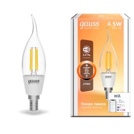 Лампа Gauss Smart Home Filament СF35 4,5W 495lm 2700К E14 диммируемая LED 1/10/40
филаментная
Smart Light,   цоколь - E14,   мощность - 4.5Вт,   световой поток - 495Лм,   цветовая температура - 2700К,  диммируется,  1260112,  Gauss - PULSAL.RU